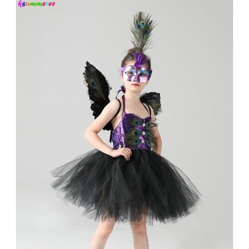 Deluxe Girls Peacock Princess Costume Kids Sequins Tutu Dress with Mask and Wing Children Carnival Party Purim Fancy Dress