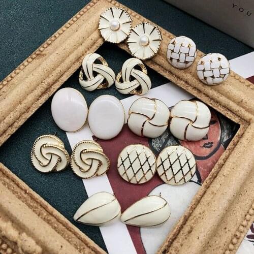 White Series Enamel Earrings Stud Grid Exquisite Jewelry For Women Party Wedding Gift Pendientes