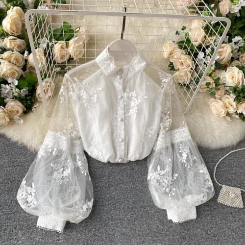 SALIENCY 2020 Autumn New French Vintage Heavy Mesh Lace Three-dimensional Embroidery Blouse Women Puff Sleeve Fairy Shirt Top