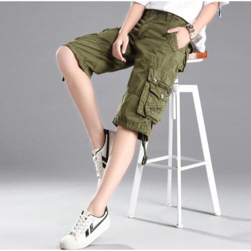 SHIERXI Women Casual Cargo pants Pockets Knee Shorts Female Mid Waist Button Streetwear Trousers Solid Loose Pants