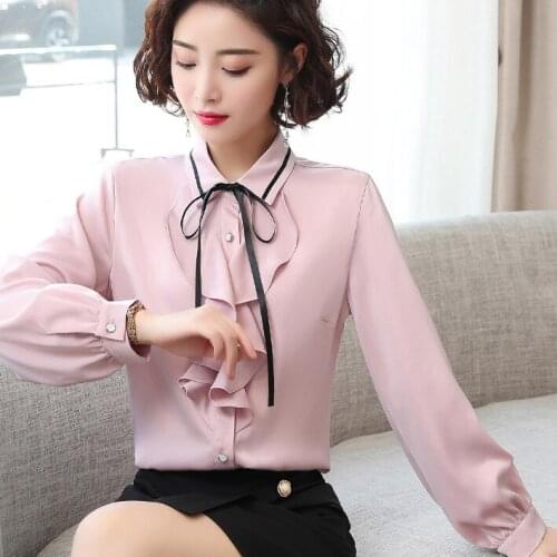 Full sleeve women ruffles shirts office lady red satin shirts women top long sleeve shirt women womens tops