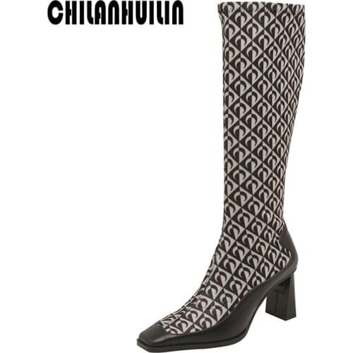 Brand design riding boots print elasticity lycra+cow leather high heels autumn winter boots shoes woman knee high boots woman