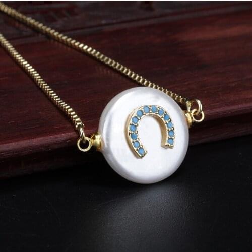 Multi white pink dark blue cz pave U-shape sign charm pearl bead link bracelet for women dainty gift for woman