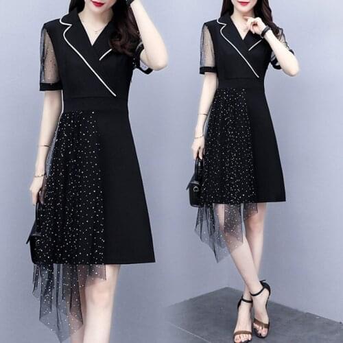 Large Size Womens Dress 2020 Spring and Summer New Fashion Mesh Fake Two-piece Suit Hollow Out Office Ladies Work Dress K149