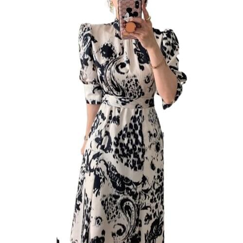 New Retro Stand Collar Puff Sleeve Dress Women Elegant All-matching Print Mid-Calf Length Slimming Summer Dress Vestido De Mujer