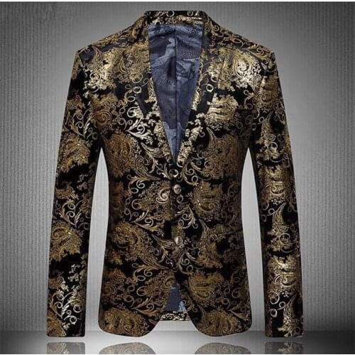 Gold Blazer Hombre Luxury Yellow Jacket Mens Flower Blazer Veste Costume Homme Blazer Masculno Chaqueta Traje Hombre Gold Blazer
