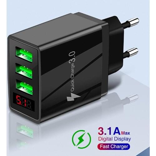 3.1A QC3.0 USB Phone Charger 3 Ports for iPhone 11 7 Xiaomi Samsung Huawei 5V 3.1A LED Display Fast Charging Wall Phone Charger