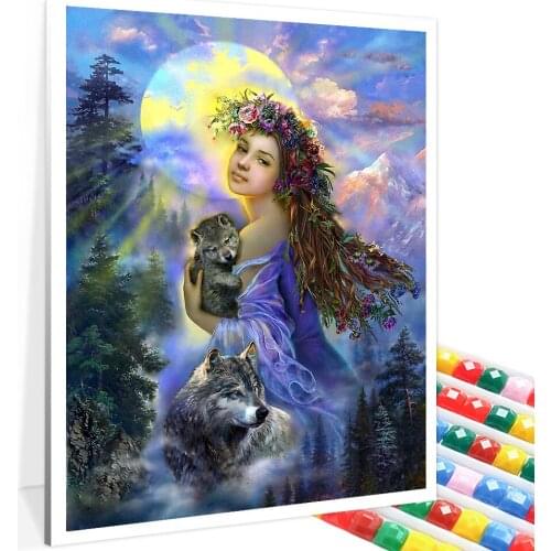 5D DIY Diamond Painting Fantasy Picture "Girl and Wolf" Full Square Drill Embroidery Animal Mosaic Art Rhinestone Resin Material