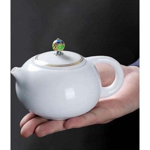 White porcelain teapot suet jade Xi Shi pot ceramictracing gold side handle pot