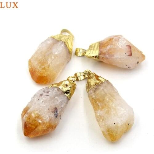 Large Raw Citrines Quartz Point Pendant Charm Crystal Quartz Point Nugget Pendants Gold-Electroplated Caps Charm For Necklace