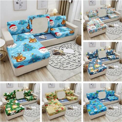 Merry Christmas Sofa Seat Cover Elk Elastic Sofa Seat Cushion Cover For L Shape Sofa Slipcover Couch Sofa Cover 1-4 Seat