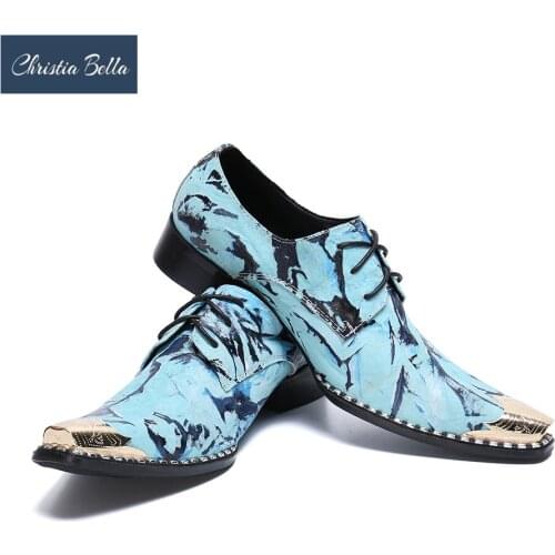 Christia Bella Printing Genuine Leather Men Business Shoes Fashion Plus Size Lace Up Metal Pointed Toe Formal Party Men Shoes