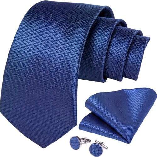 DiBanGu Mens Ties Navy Blue Solid Silk Wedding Tie For Men Hanky Cufflinks Tie Set Fashion Designer Bussiness Party SJT-0429