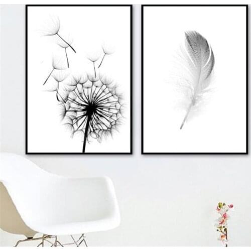 Home Decor Art Black White Dandelion Feather Wall Art Canvas Painting Living Room Decor Minimalism Printed Wall Pictures