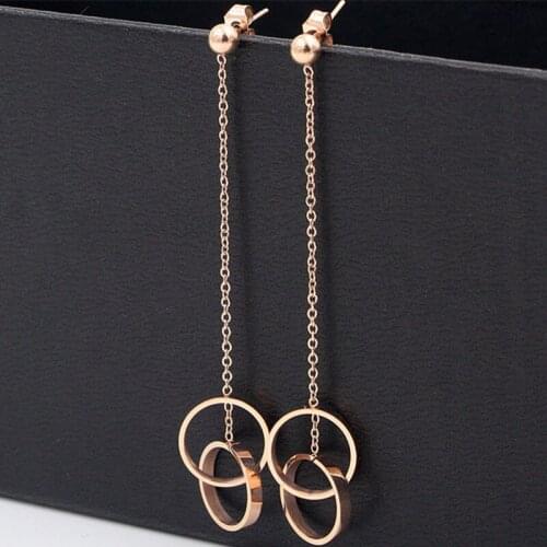 Classic Feme Jewelry Rose Gold Color Bead Hanging Two Circles Pendant Statement Dangle Earrings Pendientes Mujer Moda 2019