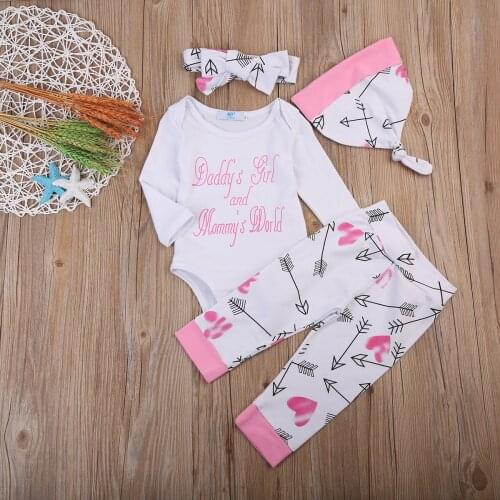 4PCS Newborn Baby Girl Clothes Autumn Long Sleeve Letter Print Romper Tops+Pant Hat Headband Outfit Toddler Kids Clothing