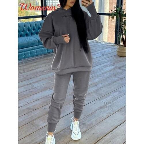 Fleece Print Hoodies Trousers Womens Set 2021 Autumn Loose Long Pullovers Sweatpants Suits Female Casual Street Sport Sets