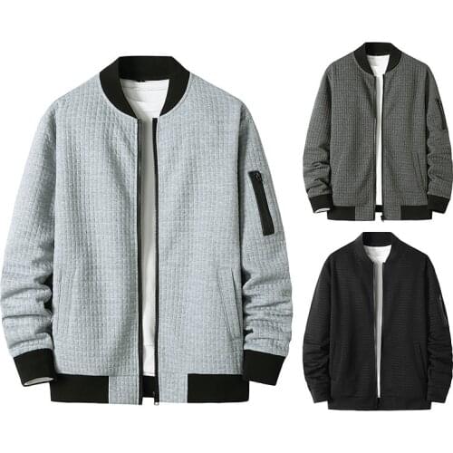 Mens Padded Jacket Long Sleeve Stand Collar Plaid Cardigan Bomber Jacket Casual Slim Type Zipper Coat for Youth