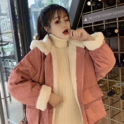 Lucyever Pink Corduroy Hooded Coat Women 2021 Autumn Winter Thicken Warm Plush Jackets Woman Korean Loose Pockets Casual Parkas