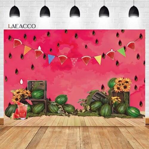 Laeacco Wooden Board Red Watermelon Sunflower Baby Birthday Party Background Customized Poster Portrait Photography Backdrops