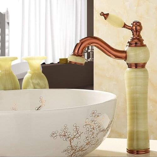 Basin Faucet Brass Sink Mixer Tap Bathroom Hot & Cold Faucet Single Handle Jade Body Luxury Lavatory Crane Tap Gold Finished