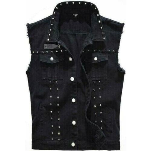 Mens Studded Denim Gilet Sleeveless Biker Jacket Shirt Waistcoat Jeans Punk New