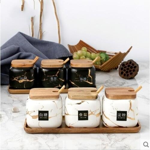 4-piece setNordic style matte marble ceramic seasoning jar oil and salt jar home seasoning box kitchen seasoning bottle caps