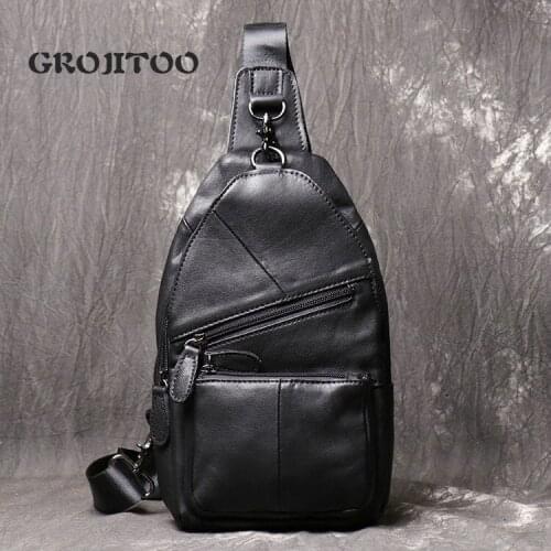 GROJITOO New style mens leather chest bag oil leather shoulder bag multi function messenger bag fashion casual mens bag