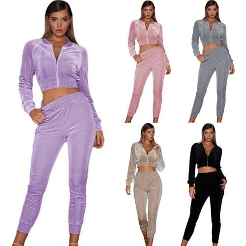 2021autumn New European and American Womens Clothing Tight Stretch Gold Velvet Sports Fashion Sexy Two-Piece Suit