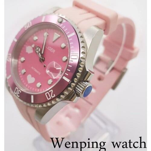 New 40mm Pink Pig Shape Automatic Men Sapphire glass Silver shell Watch NH35A Movement Curved End Rubber Band Date Cyclop