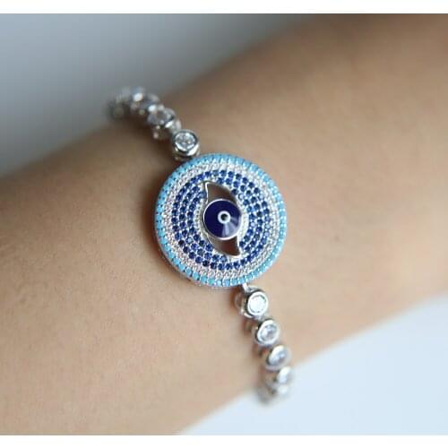 Hot Style Marquise Bracelet Micro Pave Cubic Zirconia round charm Evil Eye Link Chain Adjustable Bracelet Wholesale