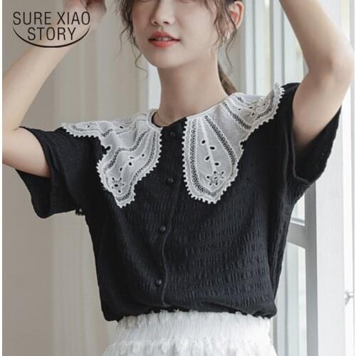 Casual Fashion Women Clothing 2021 Summer Embroidered Women Shirts with Lace Single Breasted Black White Tops Blusas 14837