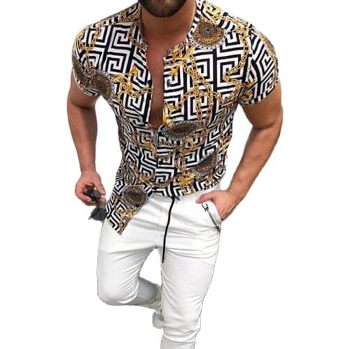2021 Summer Fashion Men Clothing Print Shirt Casual slim Grid Shirt Stand collar Short sleeve Shirt Golden chain printing Shirts