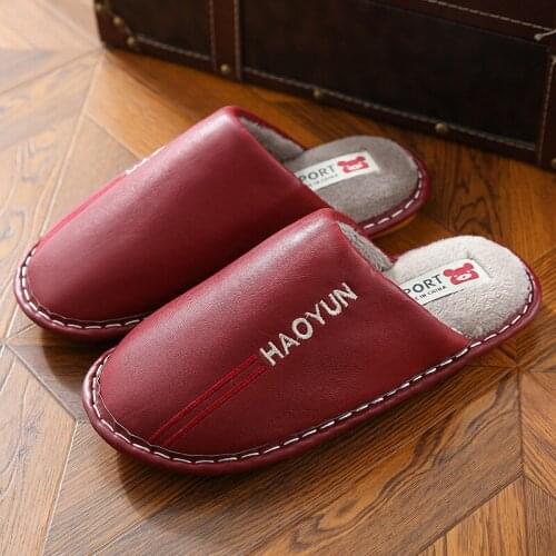 Mens Home Slippers Pu Women Winter Shoes Male Plush Warm Slippers Male Indoor Sandals Light Weight Anti-Slip Comfortable Shoes