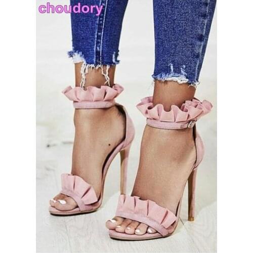 2017 Best Selling Ruffles Sandals Stiletto Heels Gladiator Shoes Suede Falbala Sweet Girls Dress Pumps Wedding Shoes Size US10
