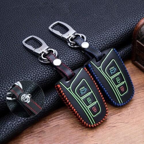 High Quality Luminous Leather Car Key Fob Cover Case Set Keychain 3 Buttons Key Shell Car Accessorise