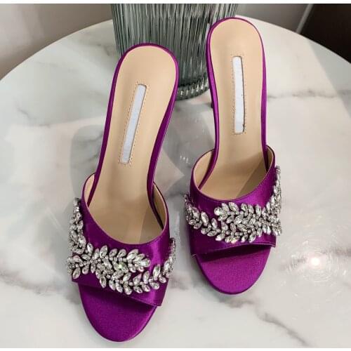 Free shipping fashion women shoes pueple satin strass crystal high heels SLIPPERS sandals mules