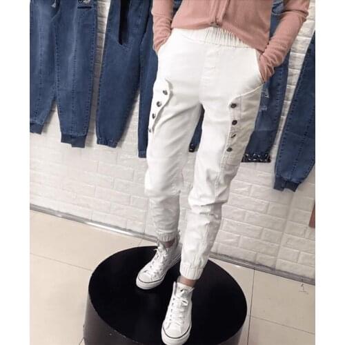 2021 Spring Summer Korea Fashion Women Elastic Waist White Jeans Button Design Loose Casual Denim Harem Pants Plus Size