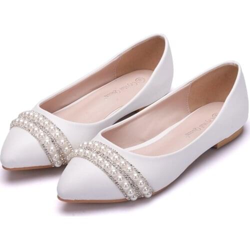 Crystal Queen Women Bridal Shoes handmade Lady pearl white wedding shoes flats sexy comfortable White Pearl Dress Shoes