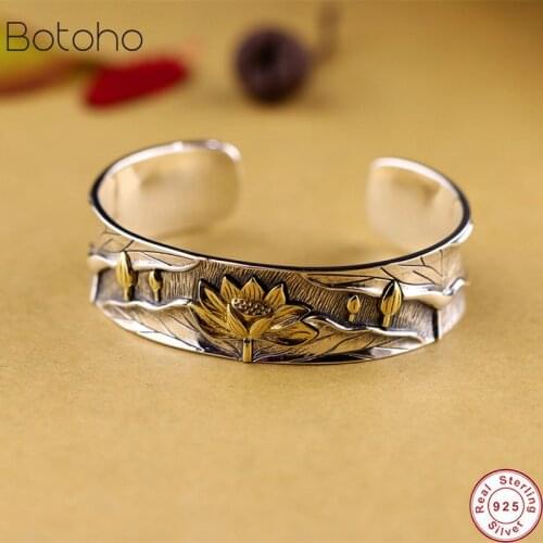 Handmade Lotus Flower Lotus Leaf Bangles for Women 17MM Width Open Bangles Solid 925 Thai Silver colour Buddha Jewelry