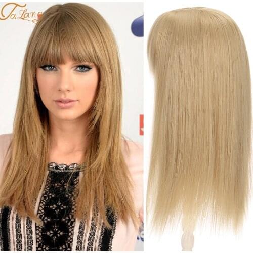 TALANG Women Short Straight Hair Topper With Bangs 3 Clips In Hair Piece Machine Made Weft Base Wig Brown Natural Color