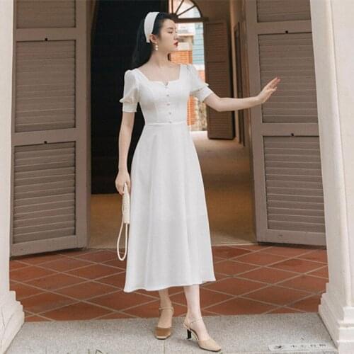 White Temperament Square Neck Dresses 2021 Summer New French Retro Sweet Romantic Puff Sleeve Midi Dress Women
