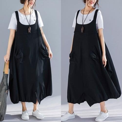 2019 female new spring and summer plus size flow fashion big pocket strap wide Leg loose skirt dress