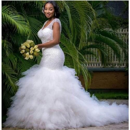 V neck Tassel Skirt Mermaid Wedding Dress New Africa Fashion Crystal Sequin heavy Beading Court Train Bride Dresses W0371