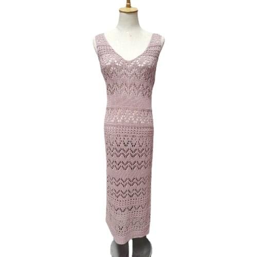 New 2021 summer sleeveless sexy v neck maxi dress Womens knitted geometric figure hollow out beach long dress