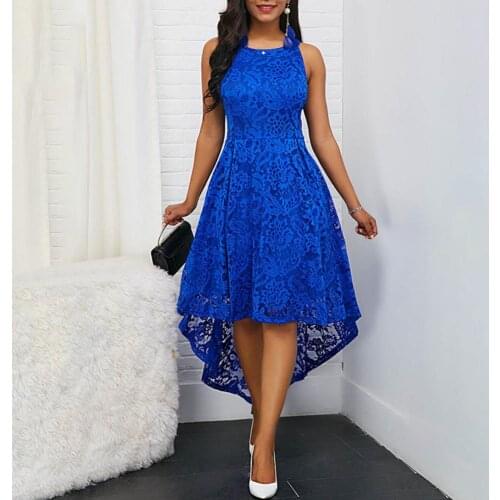 2021 Summer Elegant Fashion High Waist Formal Dress Floral Lace Irregular Hem Women Round Neck Sleeveless Banquet Party Dresses