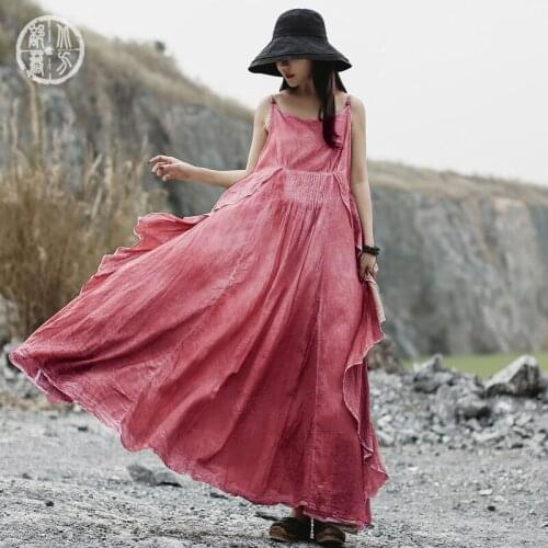 Summer Vintage Original Cotton Hemp Womens Dress Elegant Spray Dyed Suspender Double Layer Super Large Fairy Dress A-Line Top