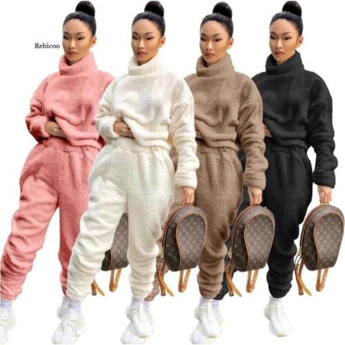 Winter Women Streetwear Lounge Set Loose Solid Plush 2 Two Piece Outfits Women Turtleneck Full Sleeve Tops and Pants Set