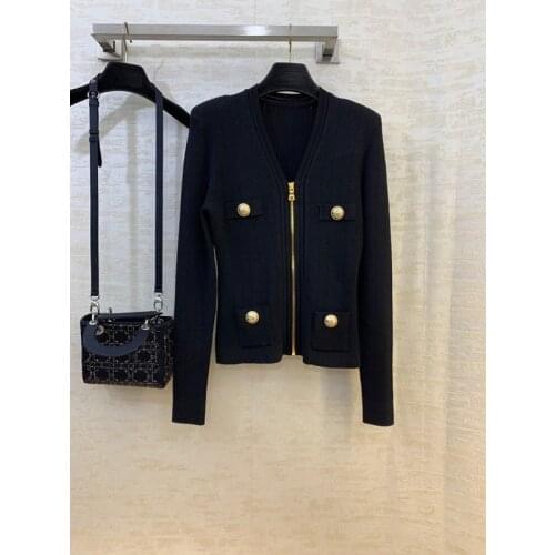 12.22 HIGH END QUALITY Early Spring New Fashion Metal Button Decoration Slim V-neck Zipper Temperament Knit Cardigan Sweater