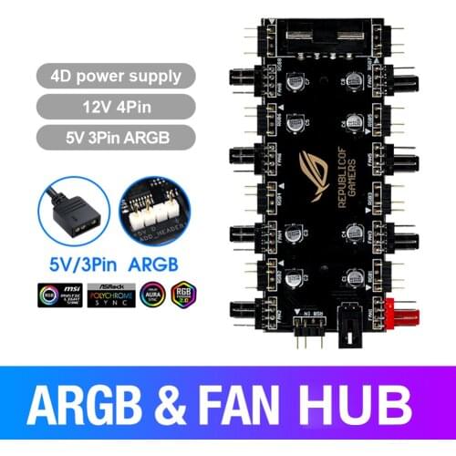 12V/4PIN 5V/3 Pin ARGB 4 Pin Fan PWM HUB 1 To 8 Multi Way Splitter for Motherboard LED Strip Light Control Adapter By SATA/4D